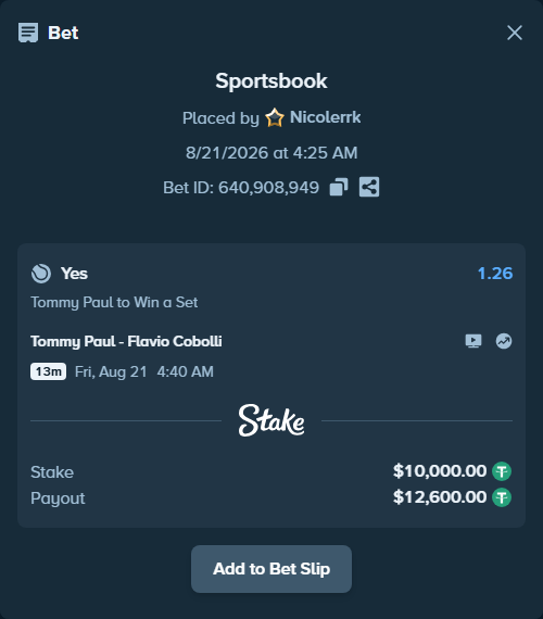 Bet slip: Tommy Paul - Flavio Cobolli, $10,000.00 stake at 1.26 odds, placed by Nicolerrk