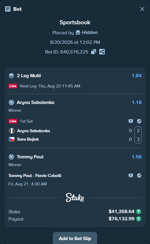 Bet slip: Tommy Paul - Flavio Cobolli, $41,400.00 stake at 1.56 odds, placed by Hidden