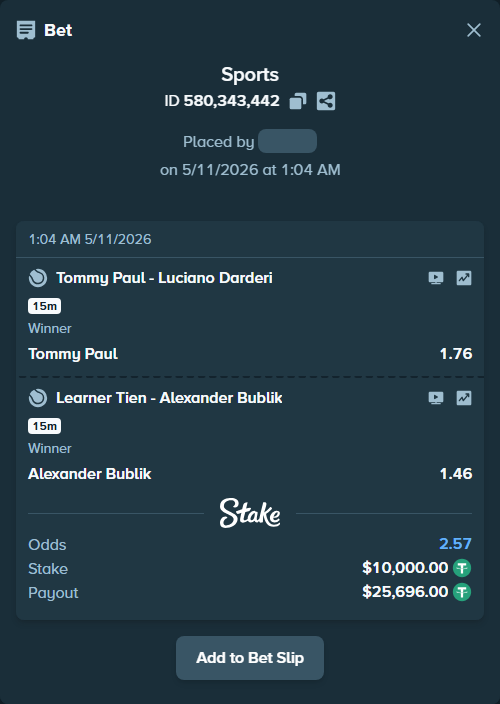 Bet slip: Tommy Paul - Luciano Darderi, $10,000.00 stake at 1.76 odds, placed by crazypianist