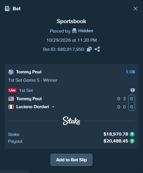 Bet slip: Tommy Paul - Luciano Darderi, $18,989.75 stake at 1.08 odds, placed by Hidden