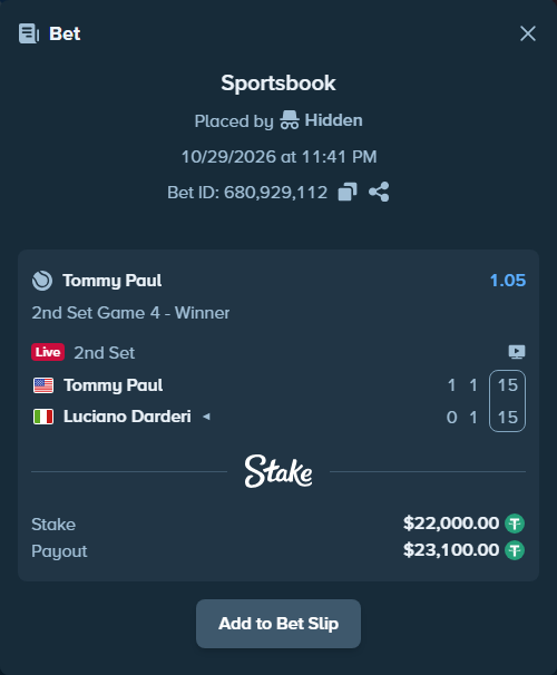 Bet slip: Tommy Paul - Luciano Darderi, $22,022.00 stake at 1.05 odds, placed by Hidden