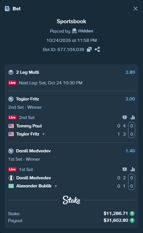 Bet slip: Tommy Paul - Taylor Fritz, $11,298.00 stake at 2.00 odds, placed by Hidden