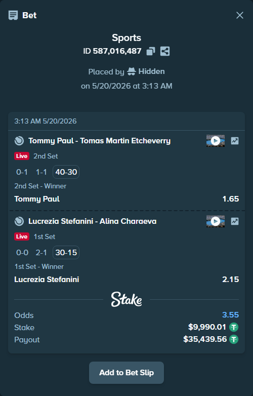 Bet slip: Tommy Paul - Tomas Martin Etcheverry, $10,000.00 stake at 1.65 odds, placed by Hidden