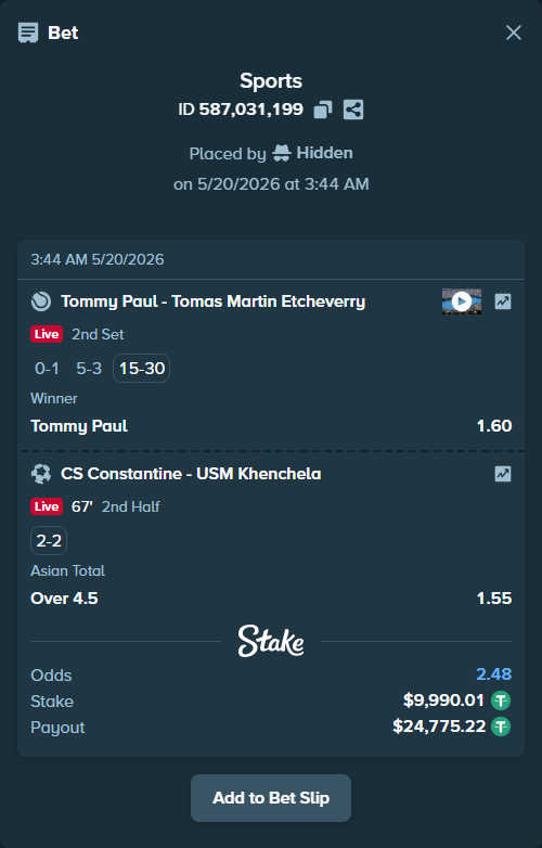 Bet slip: Tommy Paul - Tomas Martin Etcheverry, $10,000.00 stake at 1.60 odds, placed by Hidden