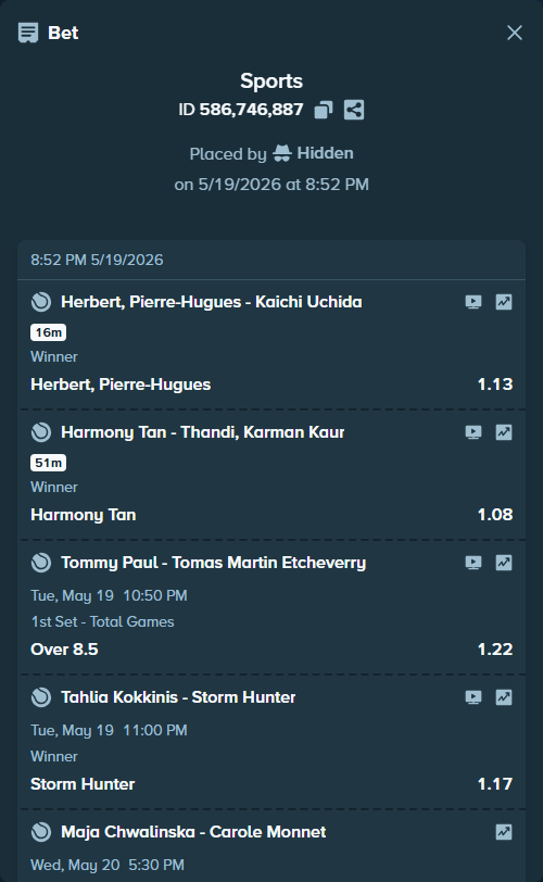 Bet slip: Tommy Paul - Tomas Martin Etcheverry, $100,000.00 stake at 1.22 odds, placed by Hidden