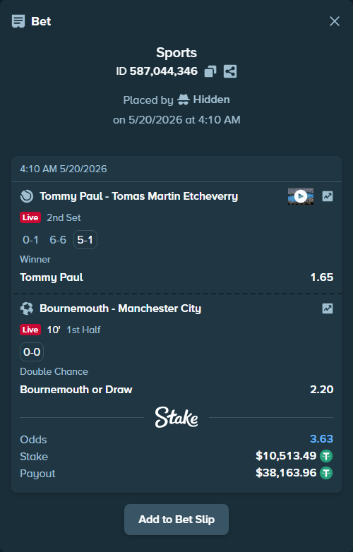 Bet slip: Tommy Paul - Tomas Martin Etcheverry, $10,524.00 stake at 1.65 odds, placed by Hidden