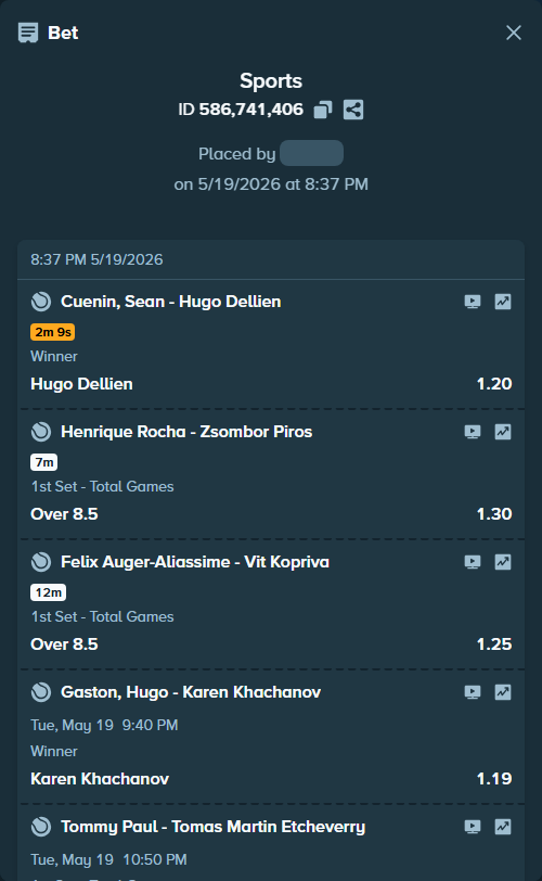 Bet slip: Tommy Paul - Tomas Martin Etcheverry, $125,000.00 stake at 1.22 odds, placed by Azuulu