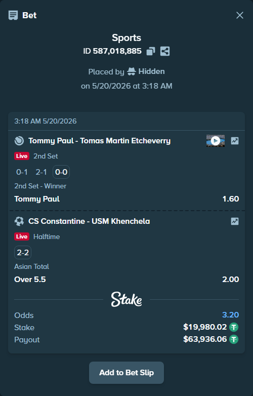 Bet slip: Tommy Paul - Tomas Martin Etcheverry, $20,000.00 stake at 1.60 odds, placed by Hidden