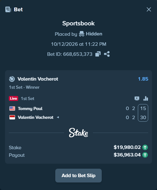 Bet slip: Tommy Paul - Valentin Vacherot, $20,000.00 stake at 1.85 odds, placed by WinTr10