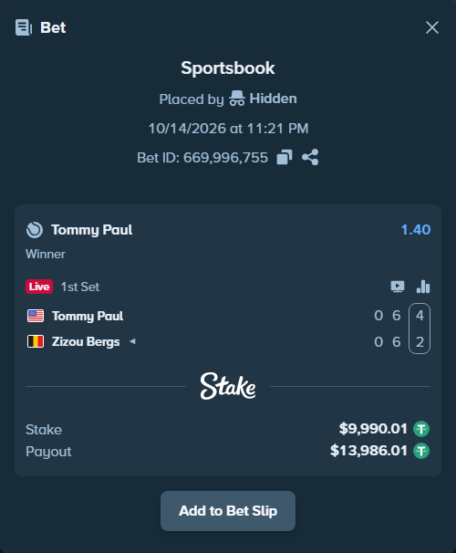 Bet slip: Tommy Paul - Zizou Bergs, $10,000.00 stake at 1.40 odds, placed by Hidden