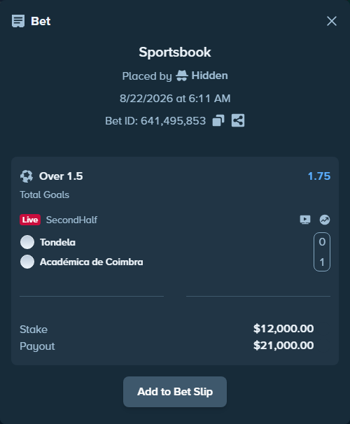 Bet slip: Tondela - Académica de Coimbra, $12,000.00 stake at 1.75 odds, placed by tlwns4736