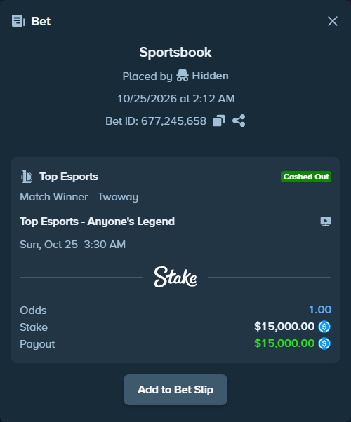 Bet slip: Top Esports - Anyone's Legend, $15,000.00 stake at 2.60 odds, placed by dumanskyi