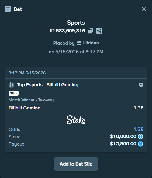 Bet slip: Top Esports - Bilibili Gaming, $10,000.00 stake at 1.38 odds, placed by Hidden