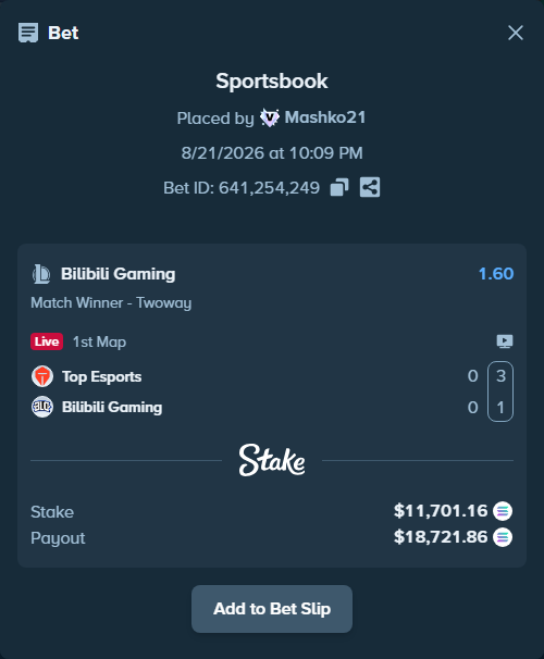 Bet slip: Top Esports - Bilibili Gaming, $11,791.56 stake at 1.60 odds, placed by Mashko21