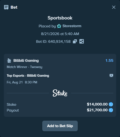 Bet slip: Top Esports - Bilibili Gaming, $14,000.00 stake at 1.55 odds, placed by Storestorm