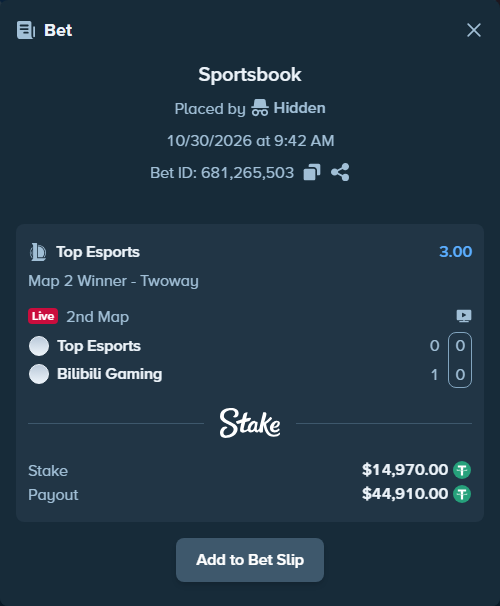 Bet slip: Top Esports - Bilibili Gaming, $14,999.94 stake at 3.00 odds, placed by 도다리