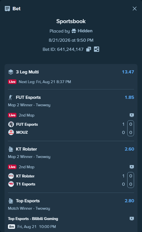 Bet slip: Top Esports - Bilibili Gaming, $44,000.00 stake at 2.80 odds, placed by Hidden