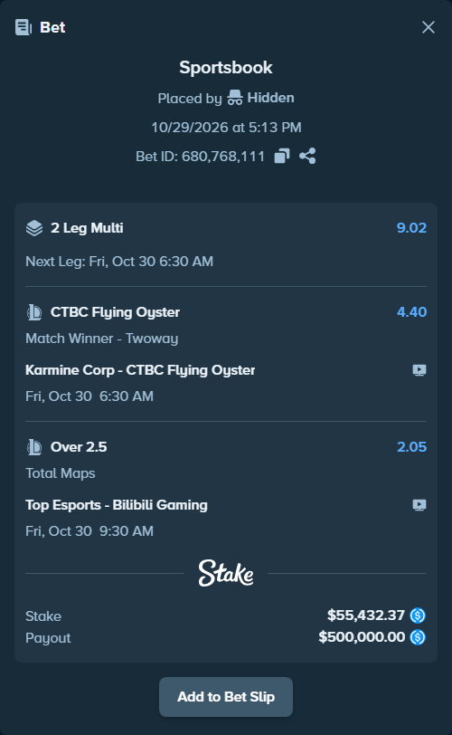 Bet slip: Top Esports - Bilibili Gaming, $55,432.37 stake at 2.05 odds, placed by Hidden