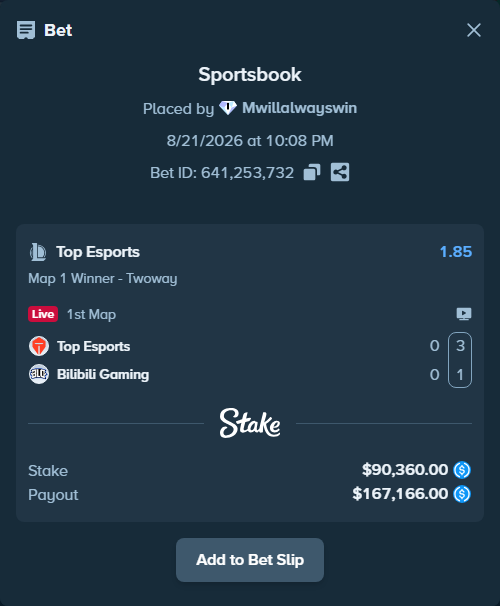 Bet slip: Top Esports - Bilibili Gaming, $90,360.00 stake at 1.85 odds, placed by Mwillalwayswin