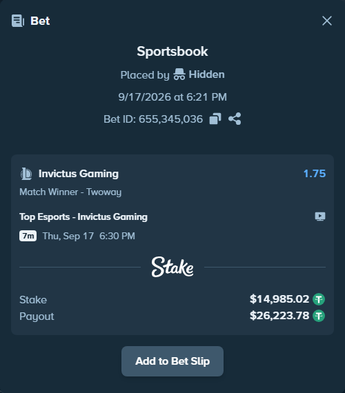 Bet slip: Top Esports - Invictus Gaming, $15,000.00 stake at 1.75 odds, placed by Hidden