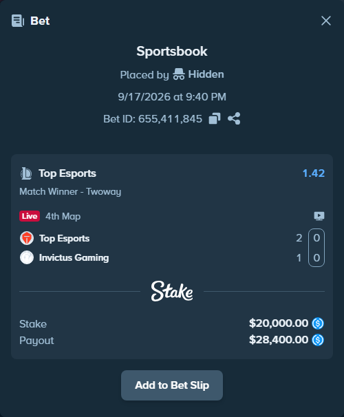 Bet slip: Top Esports - Invictus Gaming, $20,000.00 stake at 1.42 odds, placed by Hidden