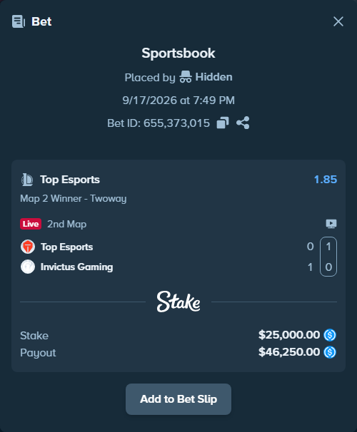 Bet slip: Top Esports - Invictus Gaming, $25,000.00 stake at 1.85 odds, placed by Hidden