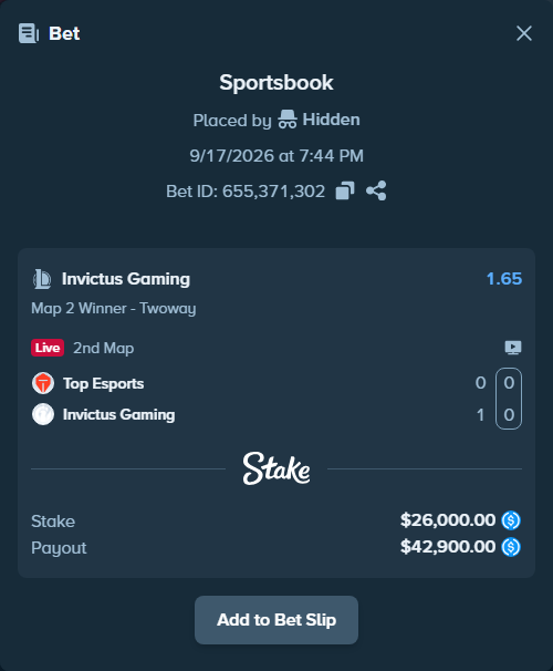 Bet slip: Top Esports - Invictus Gaming, $26,000.00 stake at 1.65 odds, placed by Hidden