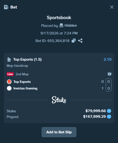 Bet slip: Top Esports - Invictus Gaming, $79,999.66 stake at 2.10 odds, placed by Hidden