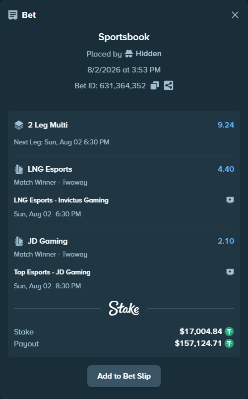 Bet slip: Top Esports - JD Gaming, $17,021.84 stake at 2.10 odds, placed by Hidden