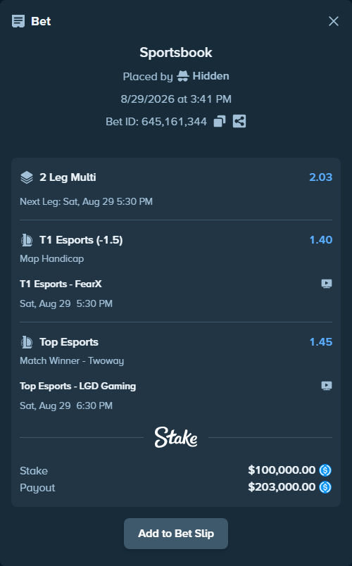 Bet slip: Top Esports - LGD Gaming, $100,000.00 stake at 1.45 odds, placed by Hidden