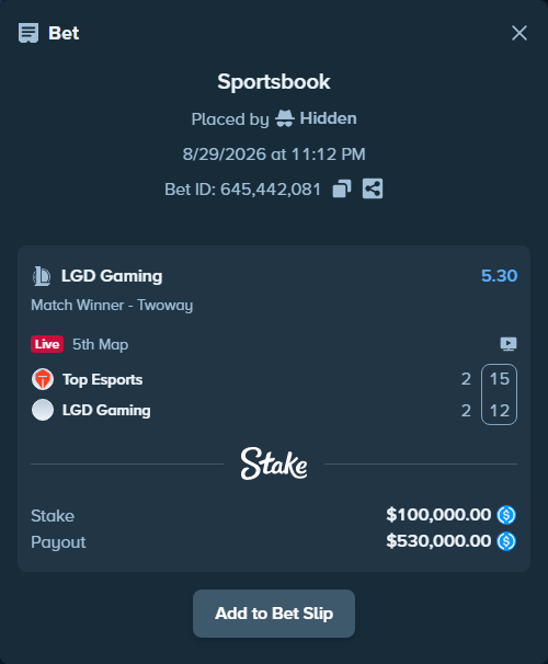 Bet slip: Top Esports - LGD Gaming, $100,000.00 stake at 5.30 odds, placed by Hidden