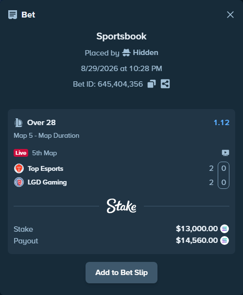 Bet slip: Top Esports - LGD Gaming, $13,198.93 stake at 1.12 odds, placed by Hidden