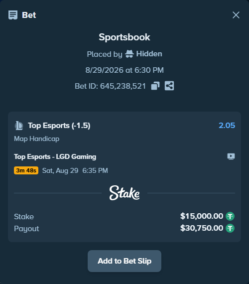 Bet slip: Top Esports - LGD Gaming, $15,000.00 stake at 2.05 odds, placed by Hidden