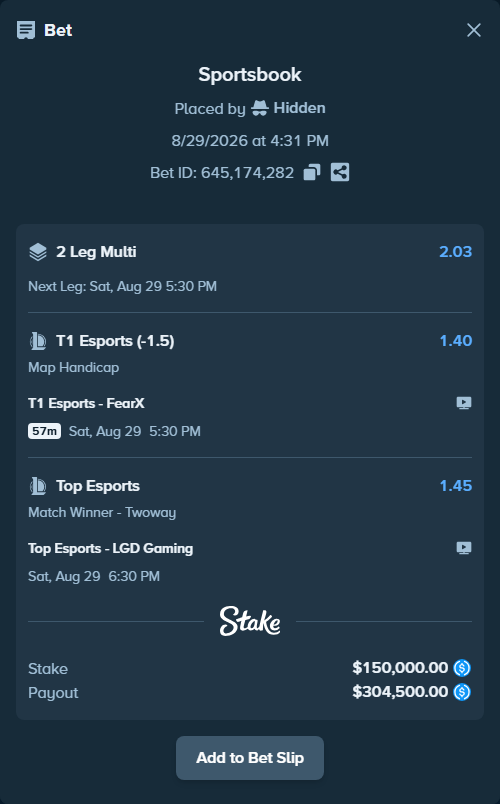 Bet slip: Top Esports - LGD Gaming, $150,000.00 stake at 1.45 odds, placed by Hidden