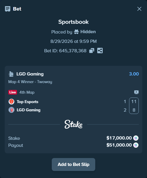 Bet slip: Top Esports - LGD Gaming, $16,997.24 stake at 3.00 odds, placed by Hidden