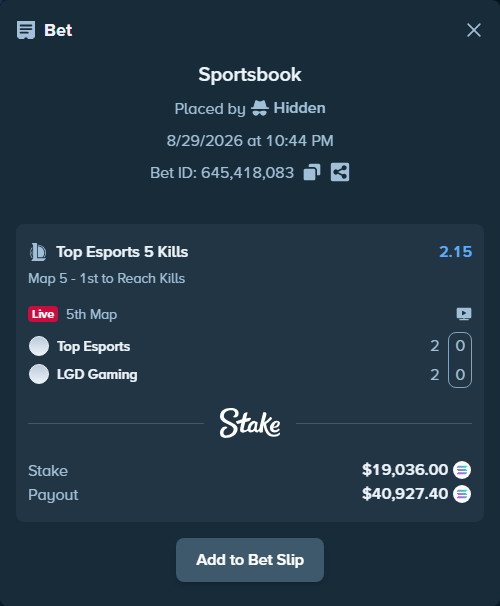 Bet slip: Top Esports - LGD Gaming, $19,181.53 stake at 2.15 odds, placed by Hidden