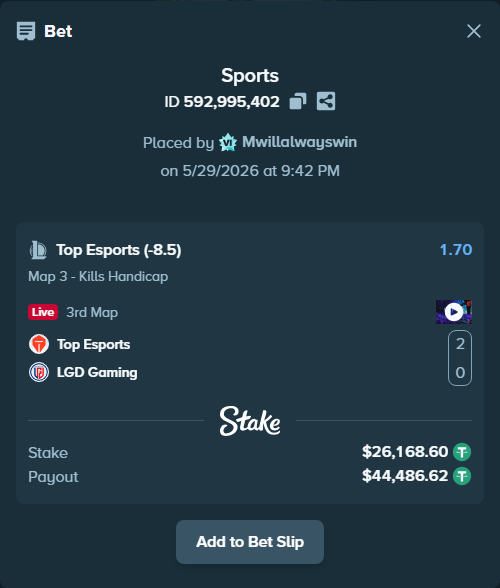 Bet slip: Top Esports - LGD Gaming, $26,194.77 stake at 1.70 odds, placed by Mwillalwayswin