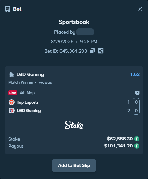 Bet slip: Top Esports - LGD Gaming, $62,556.30 stake at 1.62 odds, placed by Mnt41
