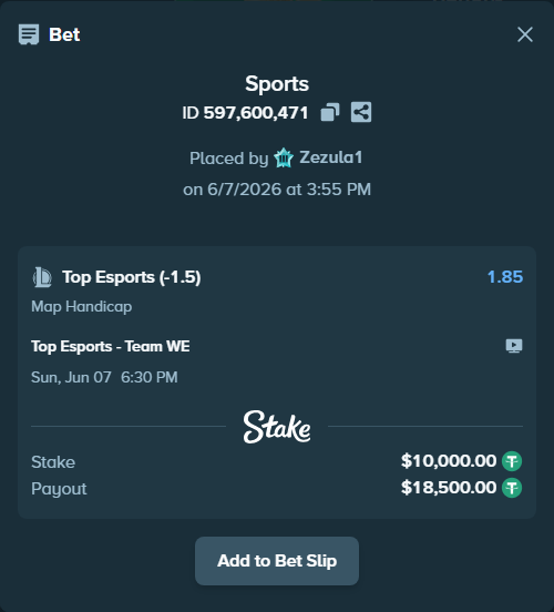 Bet slip: Top Esports - Team WE, $10,000.00 stake at 1.85 odds, placed by Zezula1