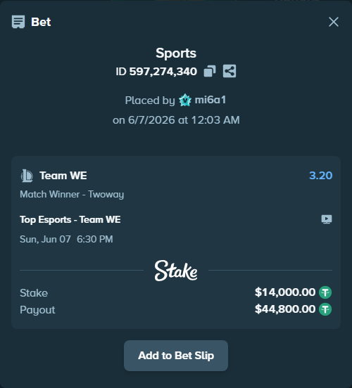 Bet slip: Top Esports - Team WE, $14,000.00 stake at 3.20 odds, placed by mi6a1