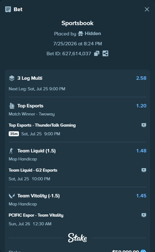 Bet slip: Top Esports - ThunderTalk Gaming, $50,000.00 stake at 1.20 odds, placed by Hidden
