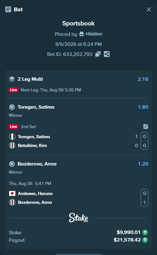 Bet slip: Toregen, Satima - Bataikina, Kira, $10,000.00 stake at 1.80 odds, placed by Hidden