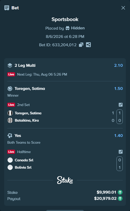 Bet slip: Toregen, Satima - Bataikina, Kira, $10,000.00 stake at 1.50 odds, placed by Hidden