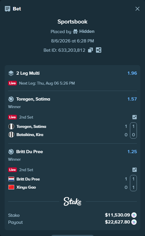 Bet slip: Toregen, Satima - Bataikina, Kira, $11,345.05 stake at 1.57 odds, placed by Hidden