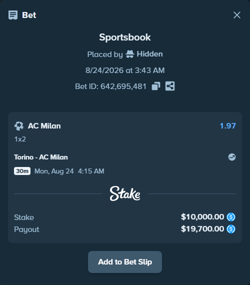 Bet slip: Torino - AC Milan, $10,000.00 stake at 1.97 odds, placed by Hidden