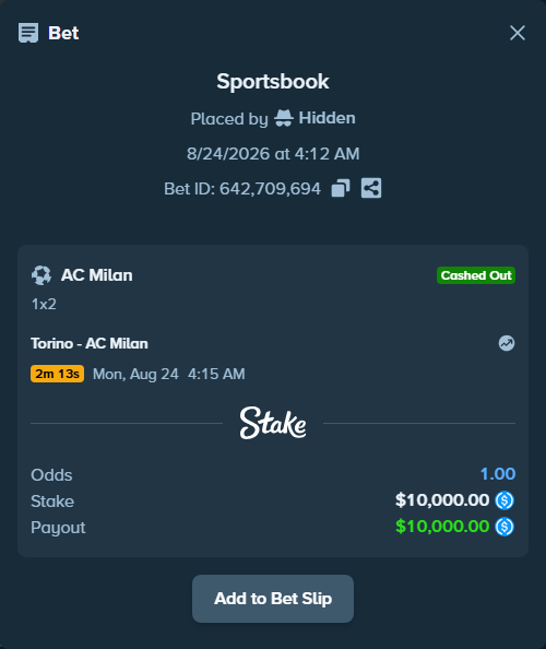 Bet slip: Torino - AC Milan, $10,000.00 stake at 1.92 odds, placed by Hidden