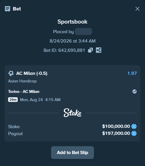 Bet slip: Torino - AC Milan, $100,000.00 stake at 1.97 odds, placed by Hasse5