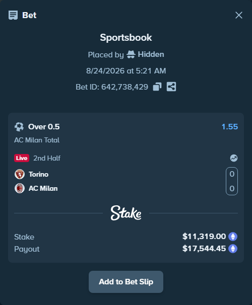 Bet slip: Torino - AC Milan, $11,349.16 stake at 1.55 odds, placed by Hidden