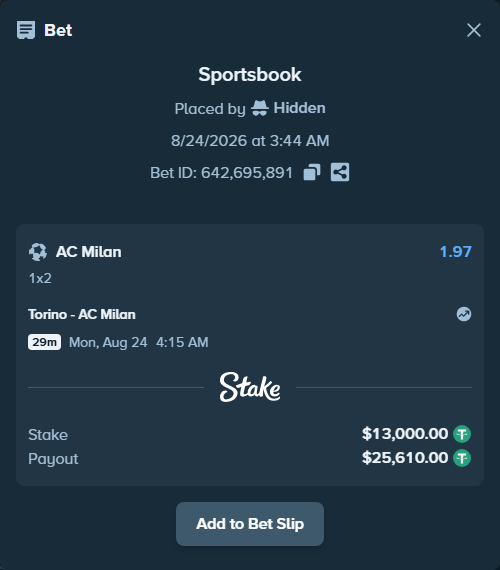 Bet slip: Torino - AC Milan, $12,998.70 stake at 1.97 odds, placed by Hidden