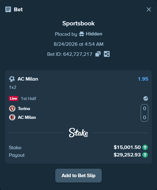 Bet slip: Torino - AC Milan, $15,000.00 stake at 1.95 odds, placed by Hidden